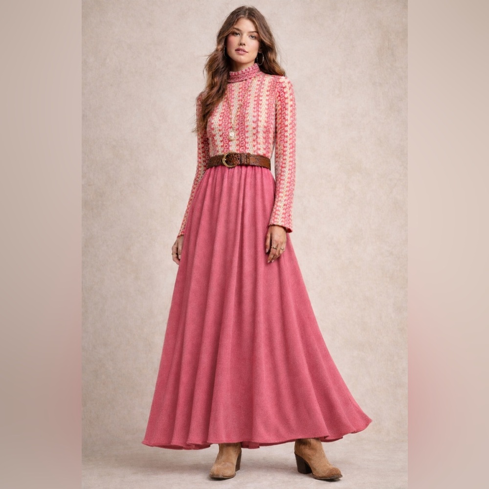 Vintage Pink Prairie Maxi Dress High Neck Long Sleeve S 4-6